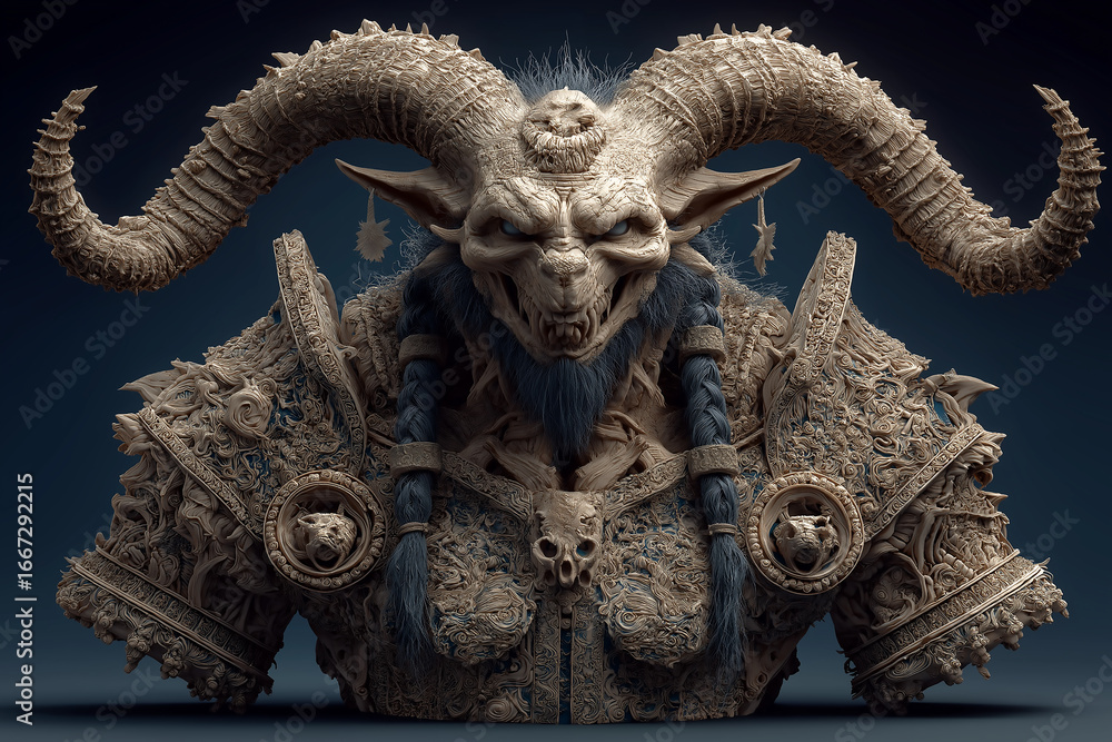 Fototapeta premium Collection of scary monster faces and busts, including demons, zombies, vampires, horror and fantasy creatures, terrifying heads with intricate details, spooky portraits and creepy sculptures