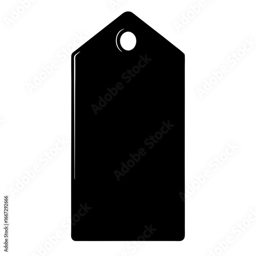 A minimalist black price tag with a hole for attaching to products