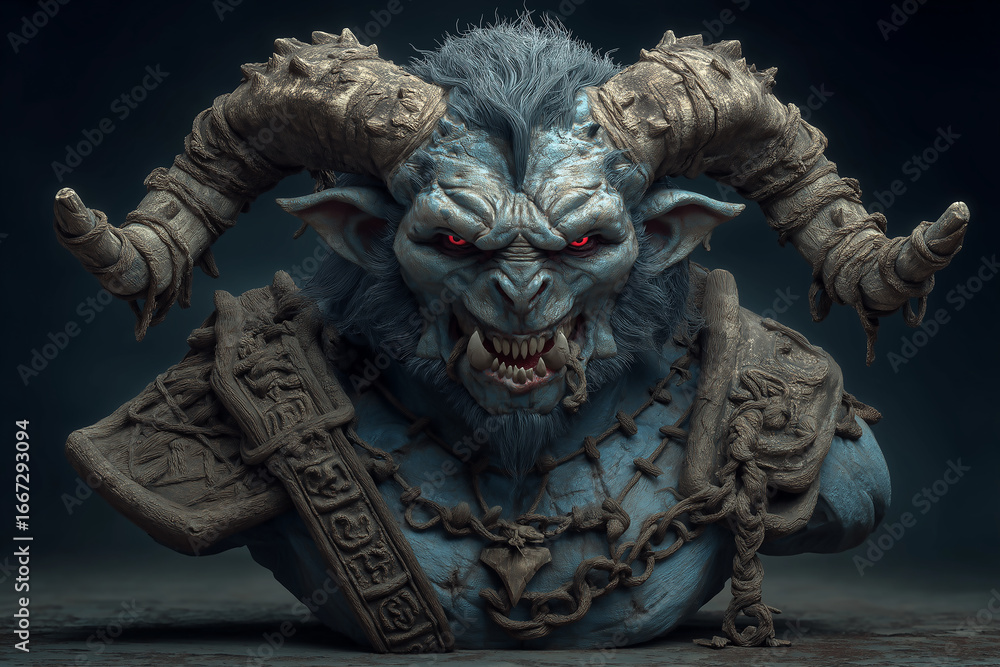 Fototapeta premium Collection of scary monster faces and busts, including demons, zombies, vampires, horror and fantasy creatures, terrifying heads with intricate details, spooky portraits and creepy sculptures