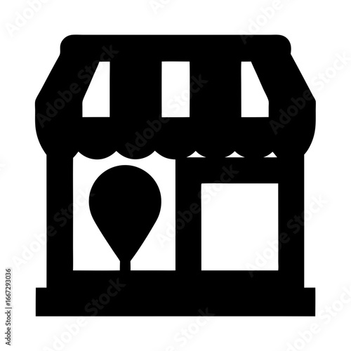 Stylized shopfront with location pin emblem, representing a local retail business
