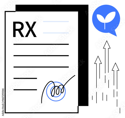 Medical prescription paper with signature, leaf inside a speech bubble, and upward arrows. Ideal for health innovation, sustainability, eco-friendly medicine, growth, wellness, healthcare solutions
