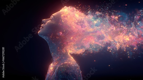 Abstract Woman Silhouette with Flowing Energy, Spiritual Awakening, Cosmic Consciousness, and Connection to the Universe on Dark Background