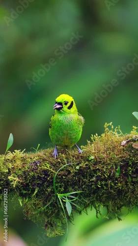 Colorful Emerald Tanager on Tree Branch in Tropical Forest eating food in beak