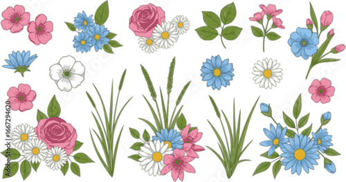 Pink, blue, and white flowers and green leaves and grasses isolated on a white background. Set of vector floral design elements
