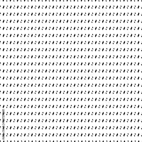 Repeated black mini parallelograms and trapezoids on white background. Seamless surface pattern design with polygons ornament. Dashed and dotted wallpaper. Jagged strokes motif. Slanted dashes image.