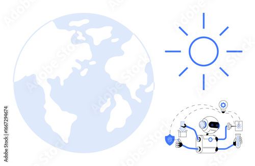 Globe, sun, and multitasking robot analyzing data and engaging in automation. Ideal for technology, AI innovation, global solutions, sustainability, environmental tech, productivity simple flat