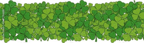 St. Patrick's day horizontal seamless background with green clover leaves (shamrock) on a white background. Vector seamless border
