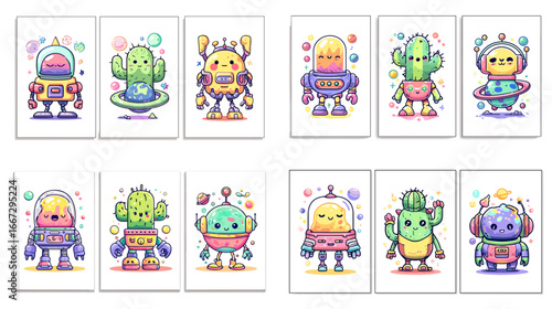 Colorful robot cartoon characters in futuristic design with playful styles, rounded shapes, and vibrant gradient tones for children illustration.