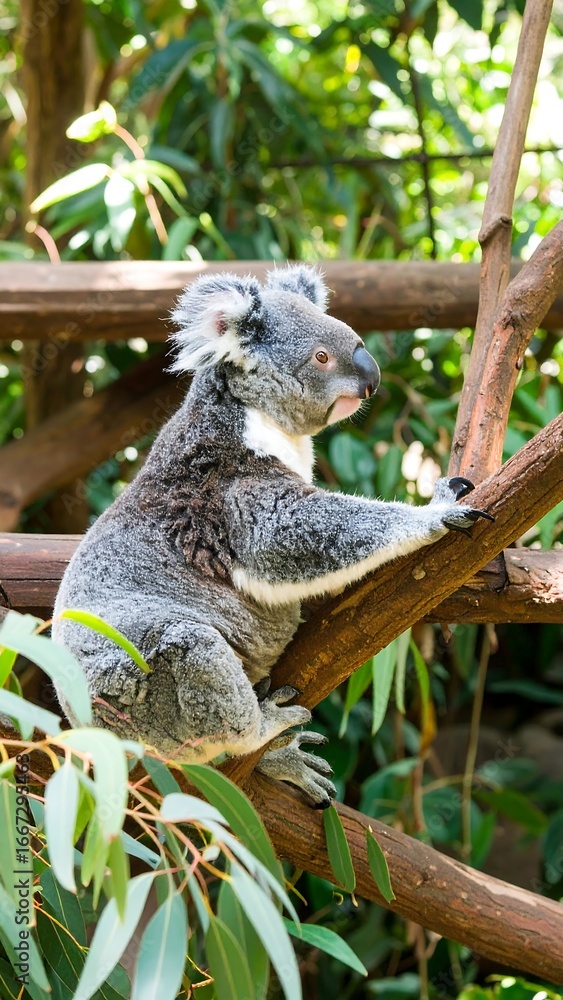Naklejka premium Gray koala on branch in eucalyptus trees