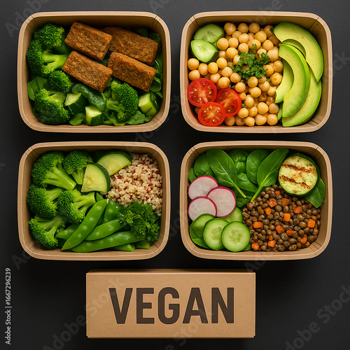 Four healthy vegan meal prep containers with fresh vegetables, legumes, and grains, arranged above a 'VEGAN' sign.