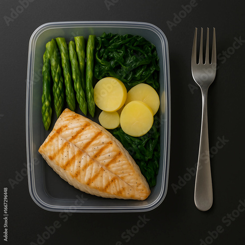 A healthy meal prep container filled with grilled salmon, asparagus, spinach, and boiled potatoes, accompanied by a fork.