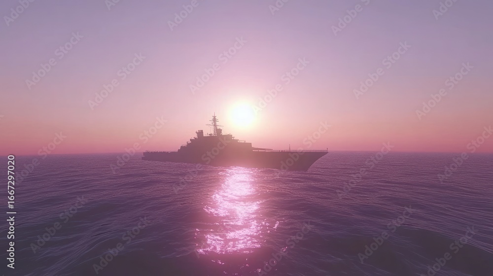 Fototapeta premium Silhouetted warship at sunset over calm ocean