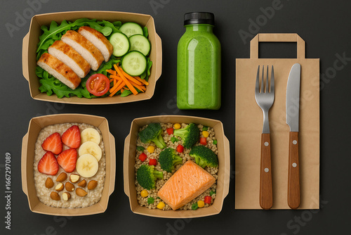 Overhead shot of a healthy meal with various food items, juice, and cutlery on a dark surface.