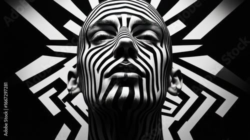 Close-up black and white face with zebra-like stripes and intricate pattern
