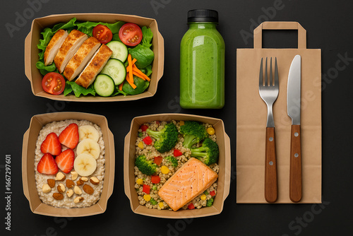 Healthy meal prep containers with various dishes and a smoothie.
