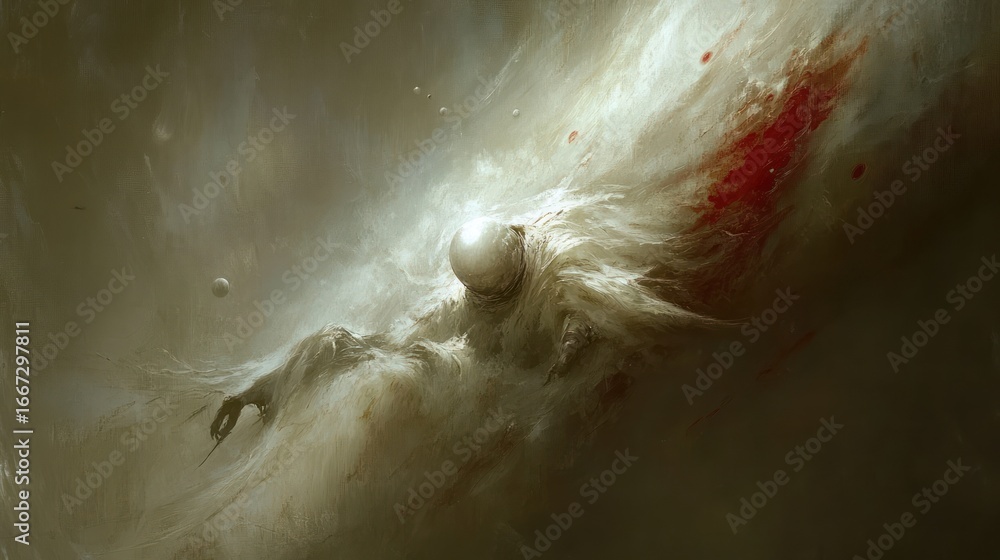 Obraz premium Pale figure, swirling, ethereal, with bloodstains, in a hazy, light-filled space
