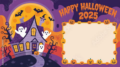 Spooky Halloween 2025 greeting card with haunted house, ghosts, pumpkins, bats, and moon, perfect for festive celebrations and designs