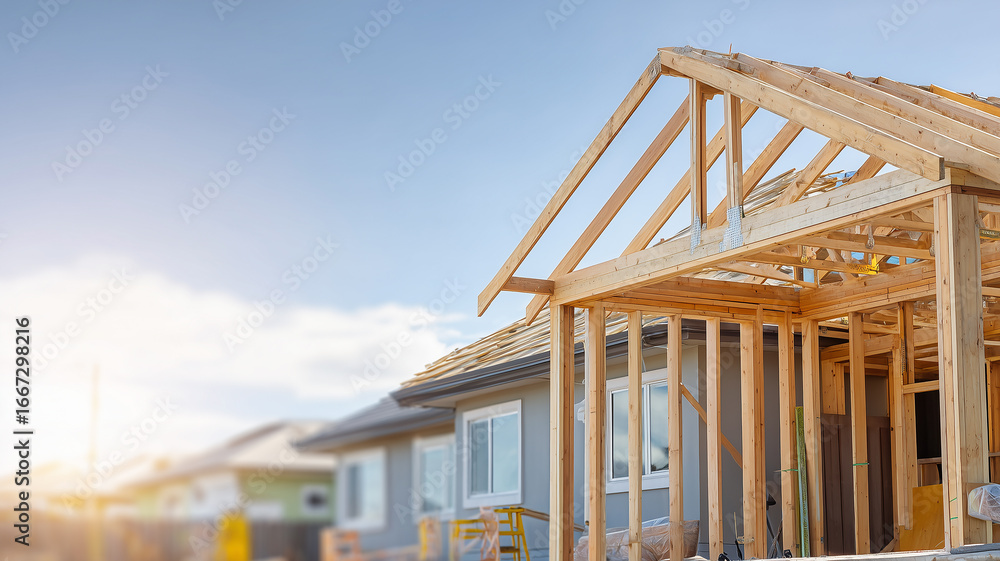 Fototapeta premium Residential roof framing and studs in progress illustrating structural integrity craftsmanship and the planning behind durable homes