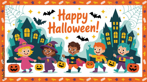 Happy children in Halloween costumes trick-or-treating, spooky houses in background, perfect for holiday greetings and festive projects!