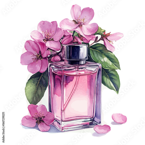Spring Blossom Perfume Bottle, watercolor vector, isolated on a white background.
