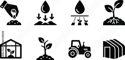 Agriculture and farming icons depicting planting, irrigation, greenhouse, and tractor.