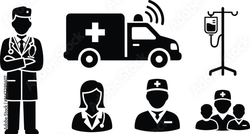 Medical personnel, ambulance, and IV drip depicted in black and white icons.