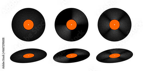 Set of vinyl records. Turntable long play music plates isolated on white background. DJ discs for techno party. 70s 80s 90s night club discotheque nostalgia concept. Vector flat illustration.