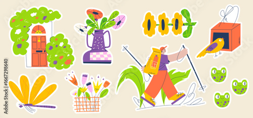 Playful spring sticker set with flowers, plants, frogs, insects and gardening elements. Perfect for seasonal branding, social media, planners, packaging and fun decor. Vector