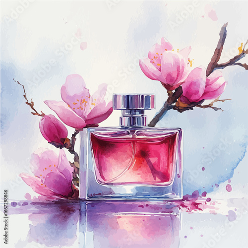 Spring Blossom Perfume Bottle, watercolor vector, isolated on a white background.