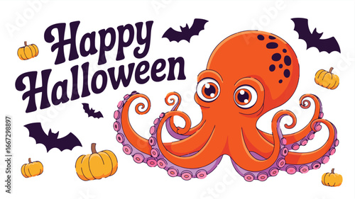 Happy Halloween wishes from an adorable octopus with pumpkins and bats, perfect for festive designs and joyful celebrations