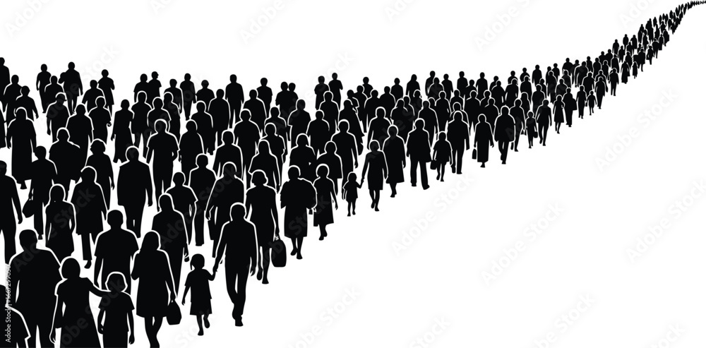 Naklejka premium A long, winding queue of silhouetted people stretching into the distant horizon on a white background.