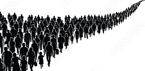 A long, winding queue of silhouetted people stretching into the distant horizon on a white background.