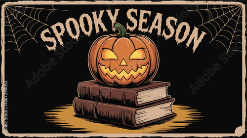 Spooky Halloween pumpkin grinning with menacing eyes atop old books, perfect for seasonal celebrations and festive designs