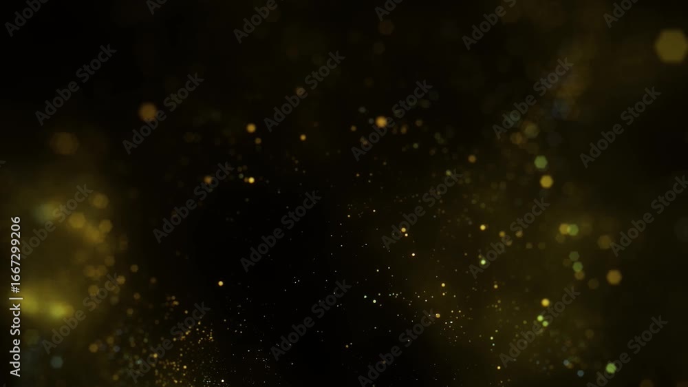 Gold dust particles fly in slow motion in the air lingering slowly. Dust Particles Background Bokeh Lights Background on Black Background 4k Footage Snow Particles Background.