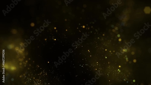 Gold dust particles fly in slow motion in the air lingering slowly. Dust Particles Background Bokeh Lights Background on Black Background 4k Footage Snow Particles Background.