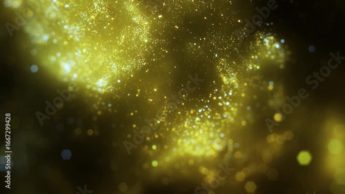 Gold dust particles fly in slow motion in the air lingering slowly. Dust Particles Background Bokeh Lights Background on Black Background 4k Footage Snow Particles Background.
