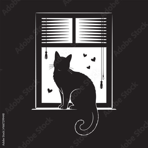 Black cat silhouette sitting on a window sill with hearts and blinds in a minimalist design style