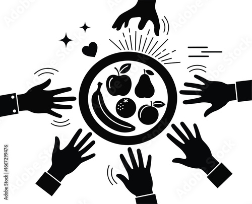 Multiple hands reaching towards a plate of fresh fruit, symbolizing sharing and community.