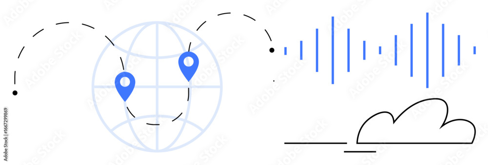 Fototapeta premium Globe with pinpoint markers, sound waves, and cloud illustration visualize worldwide communication, data transfer, and technology. Ideal for innovation, networking, digital solutions, and teamwork
