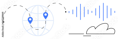 Globe with pinpoint markers, sound waves, and cloud illustration visualize worldwide communication, data transfer, and technology. Ideal for innovation, networking, digital solutions, and teamwork