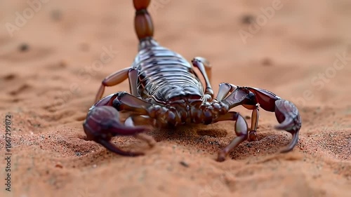 Close-up of a scorpion resting on sandy terrain.