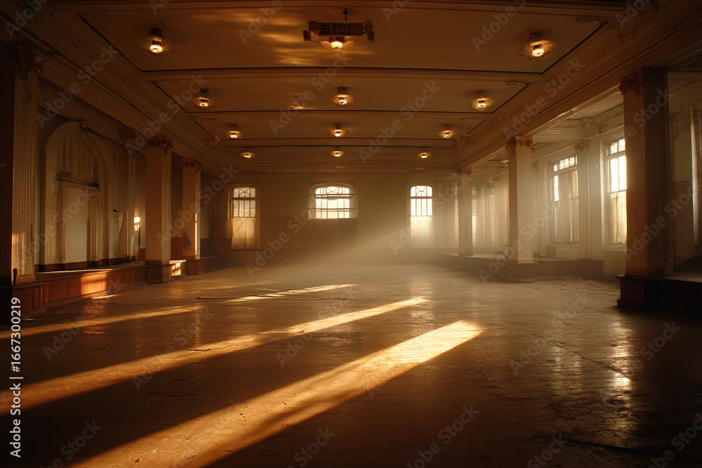 Naklejka premium A grand, empty ballroom, dust motes dancing in sunbeams, conveying a sense of faded glory, nostalgia, and forgotten memories.