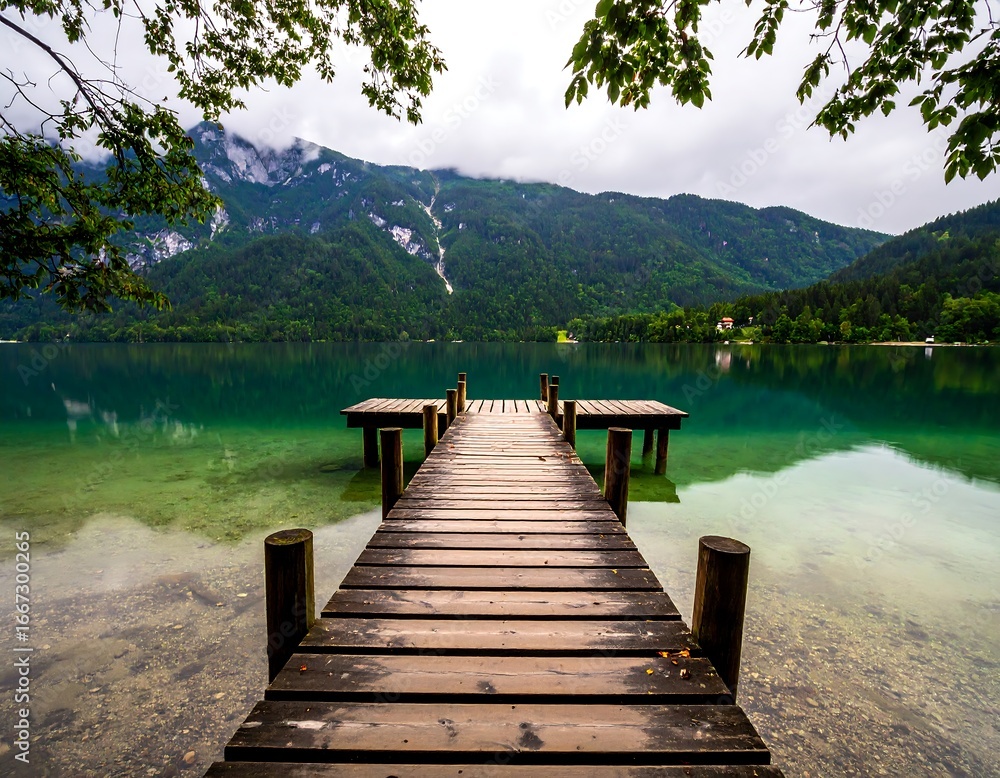 Fototapeta premium Tranquil lake pier with mountain backdrop