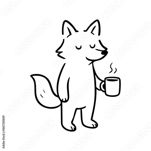 Simple black line drawing of a fox holding a coffee mug