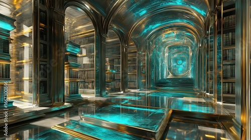 Futuristic Library Interior with Glowing Teal Accents and Golden Arches, Bookshelves, and Reflective Floor
