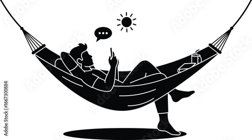 Man relaxing in hammock using smartphone on sunny day.