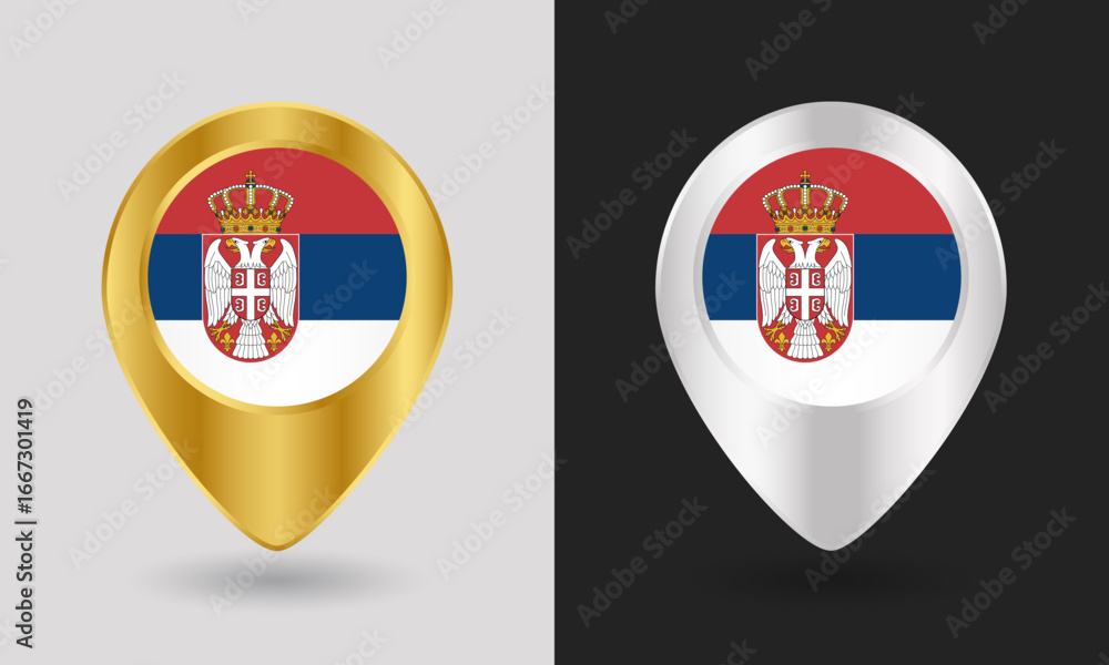 Obraz premium Gold and Silver Serbia Flag Map Pin Icon