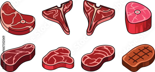 Isometric illustration of various raw and grilled meat cuts including steaks and chops on a white background.