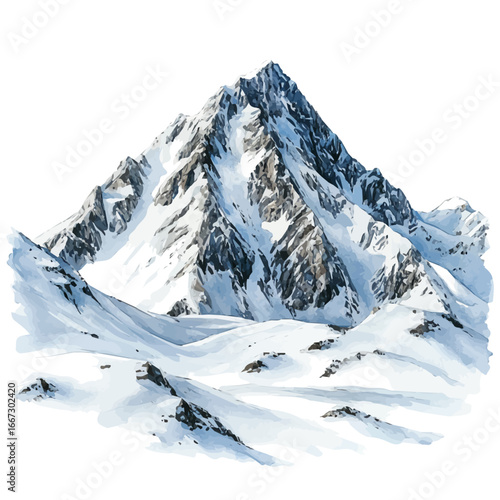 Snow-covered Mountain, watercolor painting vector, isolated on a white background.
