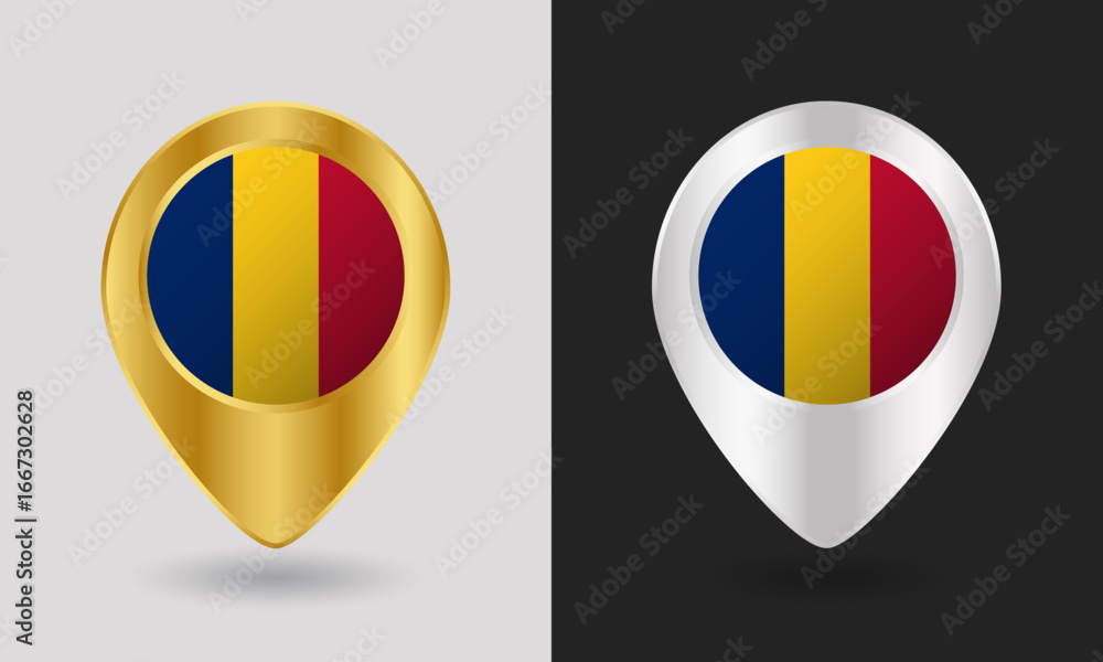 Fototapeta premium Gold and Silver Chad Flag Map Pin Icon